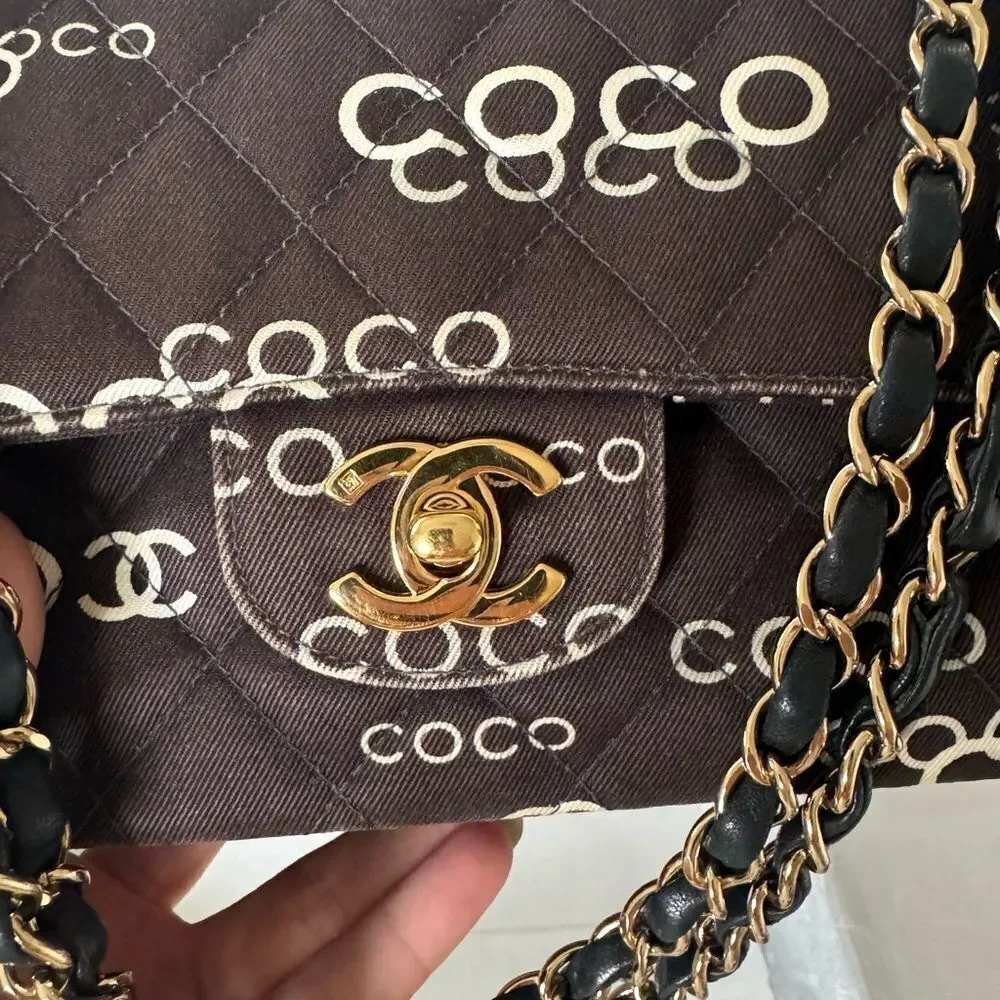 Chanel Canvas Coco Print Quilted Medium Classic Flap Double Flap Black White - Picture 6 of 16